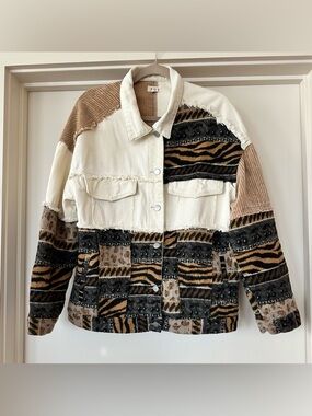POL Patchwork Denim/Corduroy/Animal Print Oversized Jacket. Size S